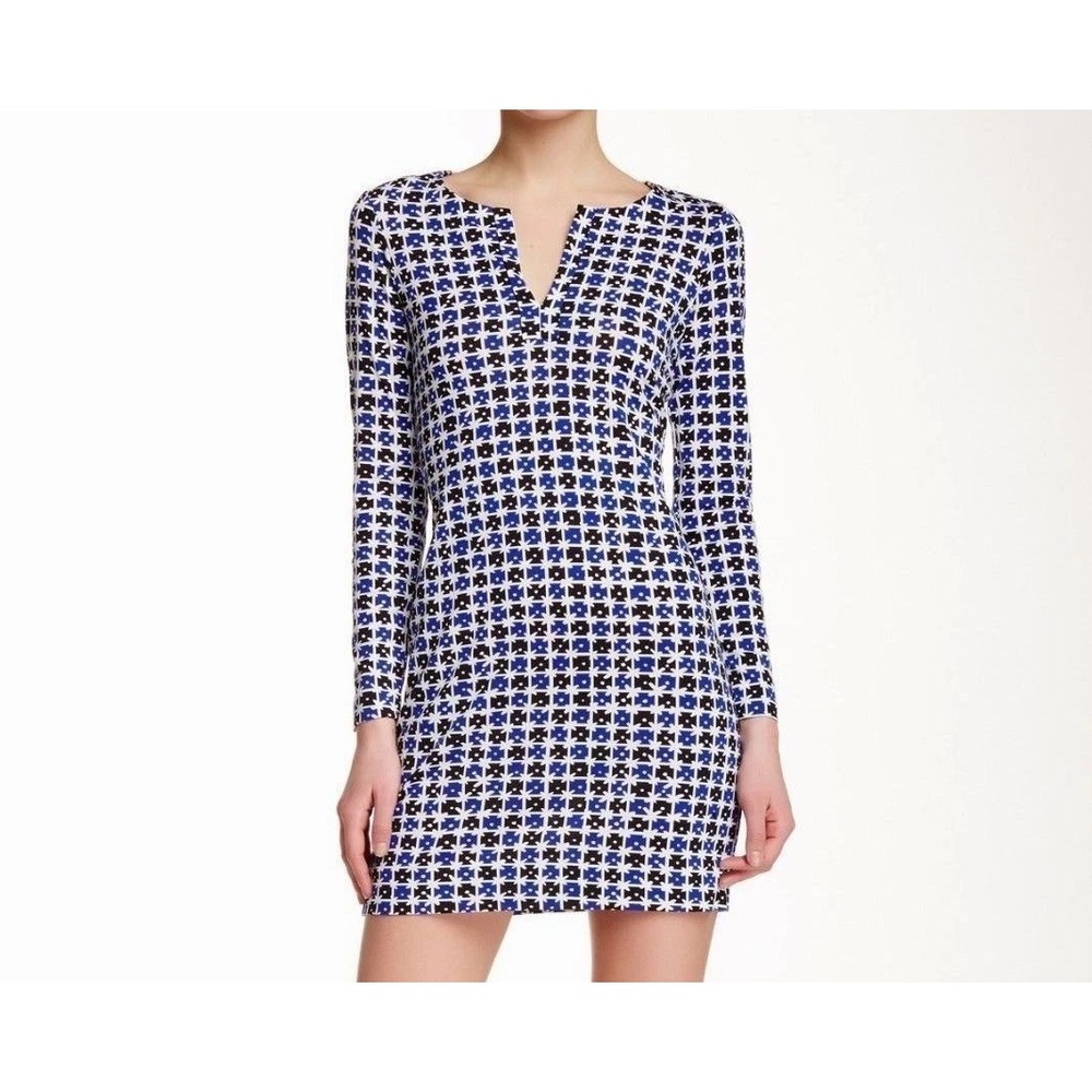 Diane von Furstenberg 6 Reina Tunic Dress Check Dot Blue Silk Cotton Long Sleeve